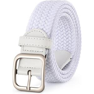 XZQTIVE Women Elastic Braided Belt with Silver Buckle, Woven Stretch Fabric (Fits Waist Size 39-44 inch, White)