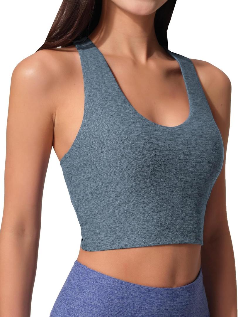 Womens Sleeveless Crop Tops Scoop Neck Racerback Sports Tank top Athletic Yoga Workout Tops Built in Shelf Bras Padded, Grey, Medium