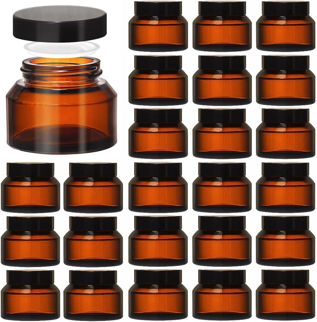 Amber 1.7oz Small Glass Jars with Lids - 24 Pack Brown Cosmetic Containers Durable with Inner Liners, Sealable for Creams, Lotions, Essential Oils, Body Butter, Travel Samples