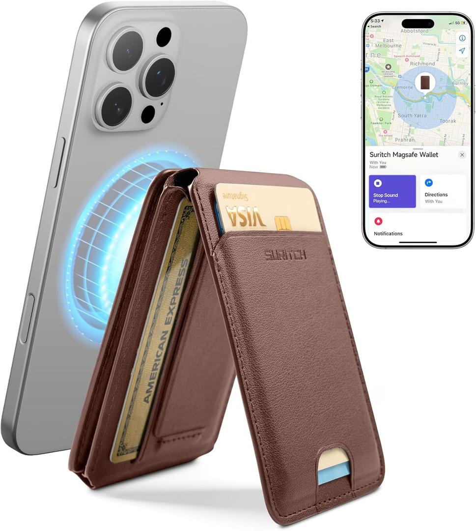 7 x SURITCH for MagSafe Wallet with Find My Functionality, NFC Supported Card Holder with RFID Blocking, Magnetic Wallet with Adjustable Stand Selfie Stick for iPhone 17/16/15/14/13/12 Series, Brown