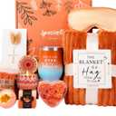 Valentines Day Gifts Basket for Her Wife,Orange Birthday Gifts for Mom Women Her Girlfriend Coworker w/Fall Cozy Socks&Blanket,Autumn Self Care Package Bath Set,Birthday,Valentines Gifts Box for Women