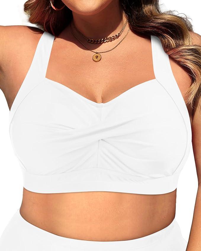 Daci Women Plus Size Push up Bikini Top Only Full Coverage Swimsuit Tops Twist Front Bathing Suit Bra for Large Bust (Large, White)