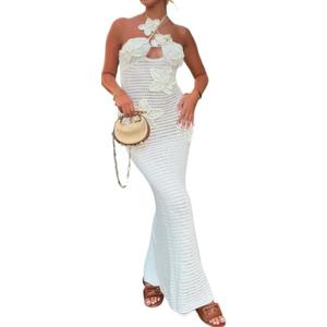 LOUSEA Women's Crochet Flower Coverup Dress Open Back Beach Swimsuit Cover Ups See Through Knit Dress (White) S