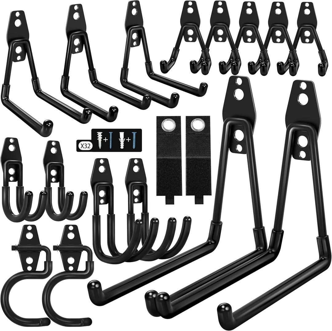 18 Pack Garage Hooks Heavy Duty - Anti-Slip Coating Garage Storage Hooks for Hanging BikeLadderGarden ToolsHose (Black)