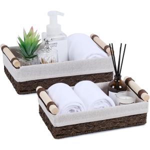 Wicker Storage Basket with Wooden Handle Paper Rope Decorative Toilet Paper Baskets & Bathroom Organizer for Toilet Tank Top, Shelves, Bedroom, Countertop,Home,Office Storage Bins, 2 Pack,Brown