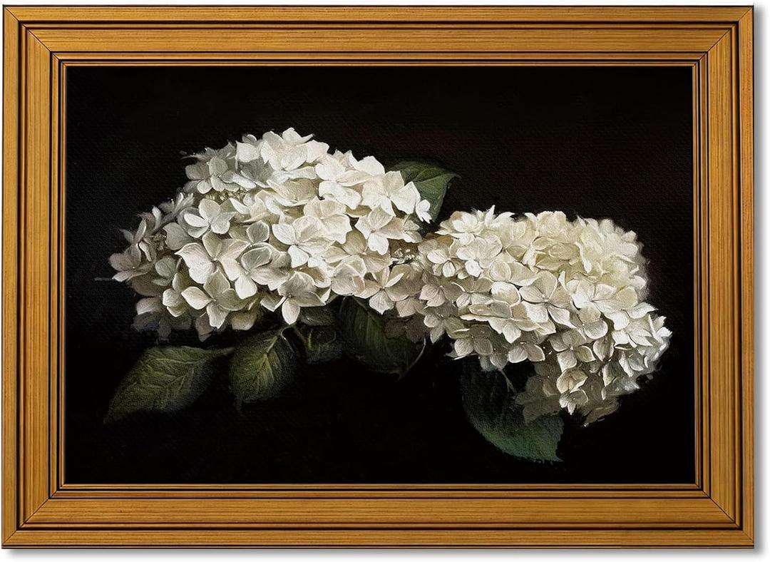 Vintage Gold Framed Moody Hydrangea Canvas Wall Art, Dark Flowers Painting Picture Wall Decor, White Still Hydrangea Poster Print Artwork for Bathroom Bedroom Living Room Home Decoration 12x16in