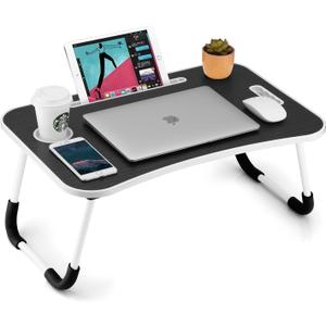 FISYOD Foldable Laptop Table, Portable Lap Desk Bed Table Tray, Laptop Stand with Cup Holder & Tablet Slot & Lifting Handle for Working Writing Drawing & Eating (Black Grain)