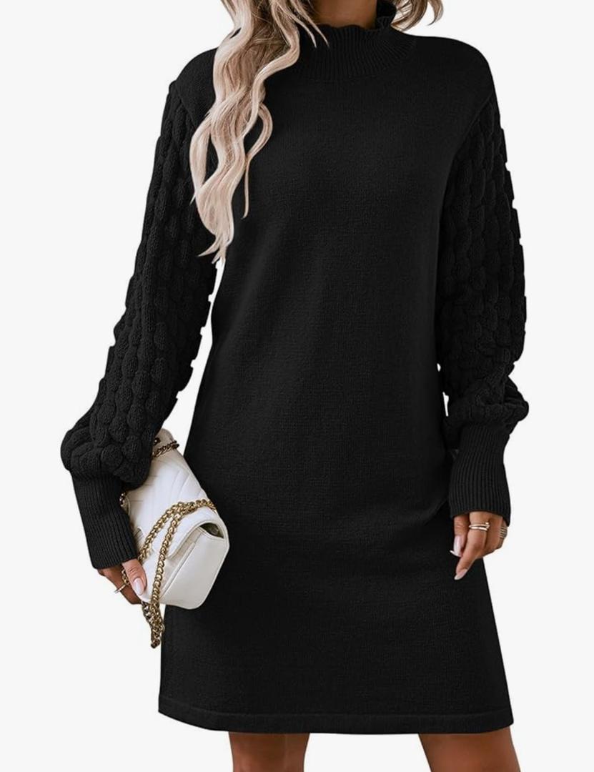 Sovoyontee Women's 2025 Fall Long Sleeve Mock Neck Sweater Dress Casual Loose Ribbed Knit Mini Short Pullover Dresses M