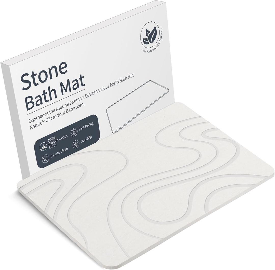 Stone Bath Mat Diatomaceous Earth Shower Mat Non-Slip Super Absorbent Diatomite Stone Mats for Bathroom Floor/Kitchen Counter Quick Drying Natural Easy to Clean(23.6''15.4" White)