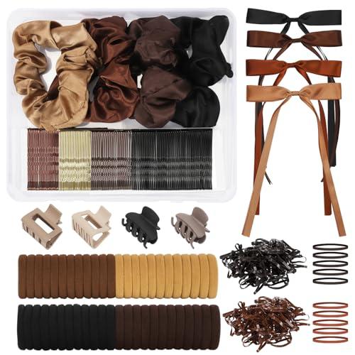 860Pcs Hair Accessories Set for Woman, Bow Hair Clips Hair Scrunchies Bobby Pins Claw Hair Clips Seamless Cotton Ponytail Holders Hair Ties Rubber Elastic Hair Bands with Organizer Box (Brown Set)