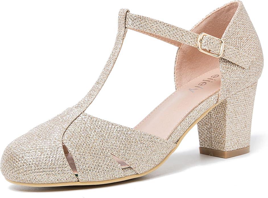 Womens T Strap Mary Jane Shoes Chunky Block Heel Cut Out Ankle Strap Buckle Dress Dance Pumps 37
