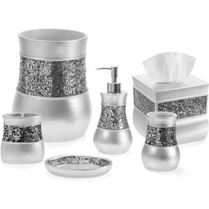 Creative Scents Crackled Glass Silver Bathroom Accessories Set Complete - 6 Piece Bathroom Accessory Set Includes: Trash Can, Tissue Box Cover, Soap Dispenser, Toothbrush Holder, Soap Dish & Tumbler