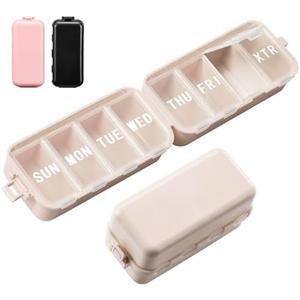 NEW Foldable Weekly Pill Organizer with Extra Grid, Portable 7 Day Pill Box Once / 1 Time a Day, Week Daily Medicine Organizer - Large Travel Pill Case Holder Dispenser for Vitamin, Supplement-Khaki