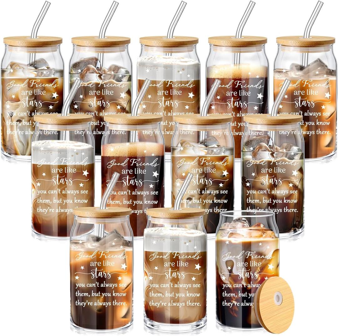 Zhehao 12 Pack Friendship Gifts for Women Friends Glass Cups Bulk Friendsmas Gifts 16oz Iced Coffee Glasses with Bamboo Lids and Straws for Sisterhood Christmas Holiday Birthday Party Favors