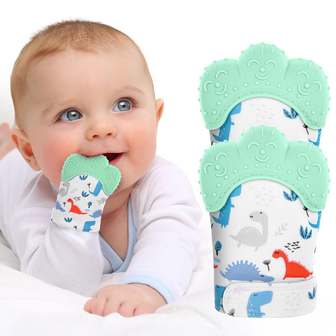 2Pack Silicone Teething Mitt, Soothing Infant Teething Mitten Pain Relief, Prevent Scratches Glove, Safe Silicone Teething Toys for 0-12 Months (green dinosaur)