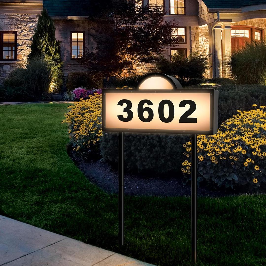 Solar Address Signs for Yard, Solar Powered Address Sign with Warm White & Cold White, IP65 Waterproof Solar House Numbers for Outside, LED Illuminated Plaques Wall Mounted & In Ground