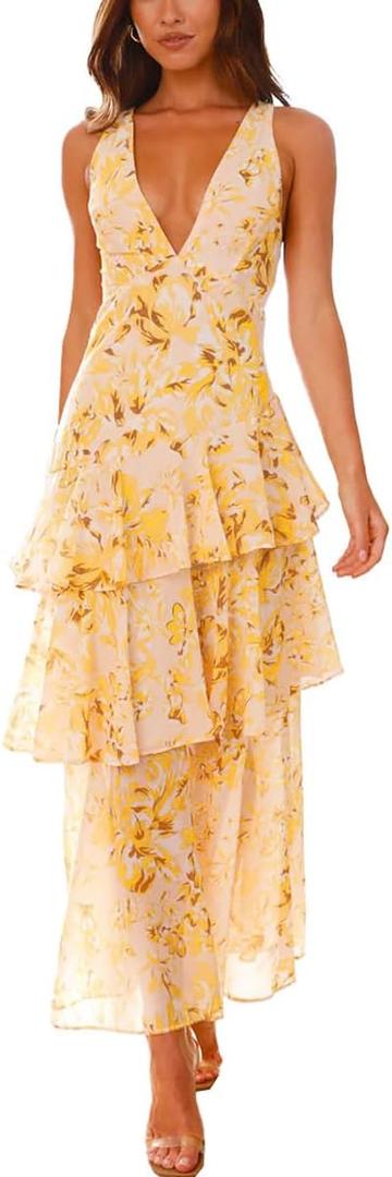 Women's Floral Maxi Dress Sexy Deep V Neck Backless Ruffles Dresses Beach Party Wedding Guest Dress (L)