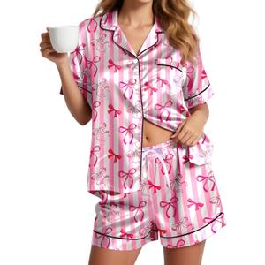 Womens Silky Pajama Sets Short Sleeve Loungewear 2 Pcs Satin Soft Pj Sets Button Down Women's Summer Sleepwear (Pink Bow)