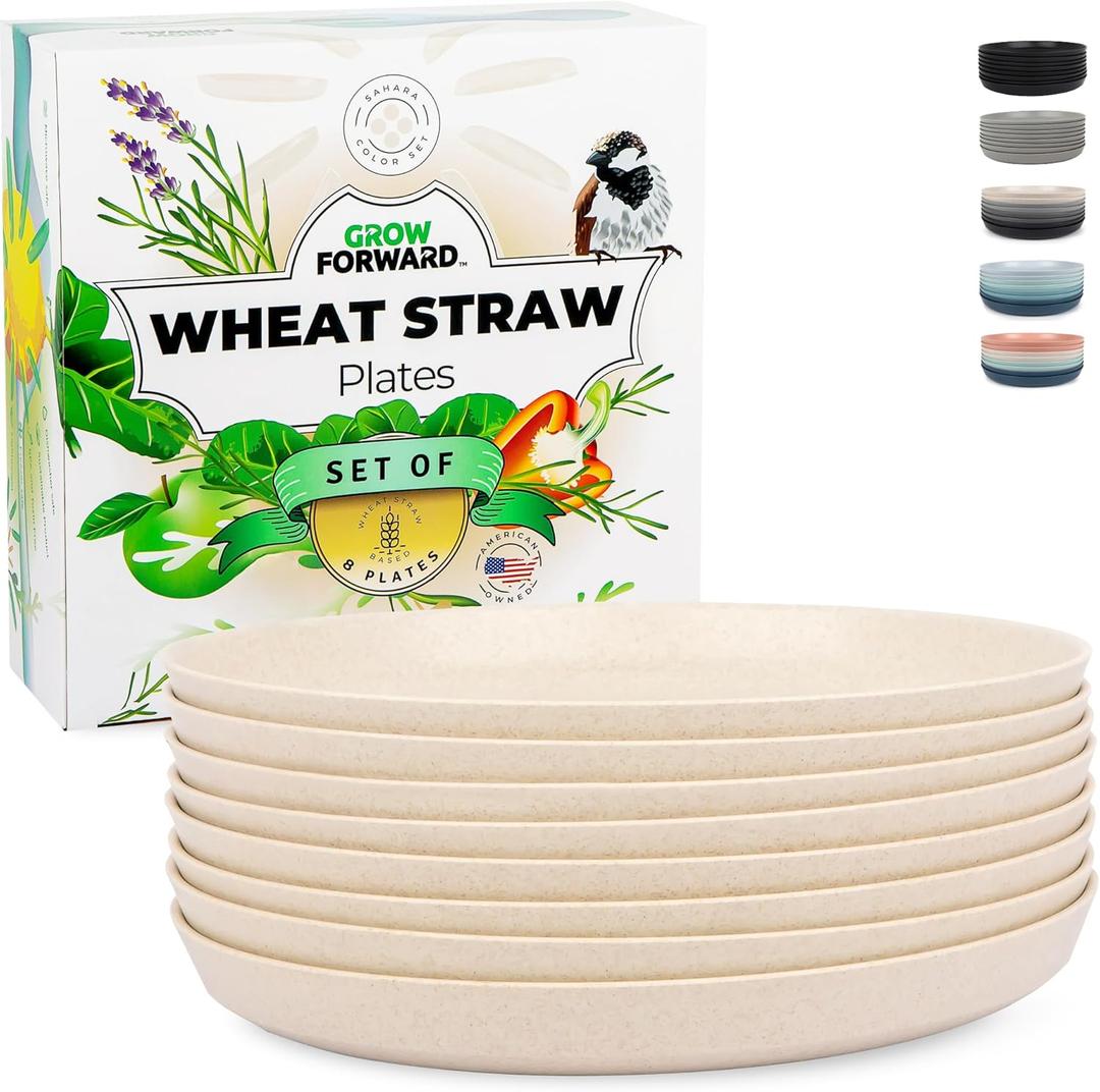 Grow Forward Premium Wheat Straw Plates - 10 Inch Reusable Hard Plastic Dinner Plates Set of 8 - Unbreakable & Microwave Safe Dishes for Dessert, Camping, RV, Outdoors, Patio, Kitchen - Sahara