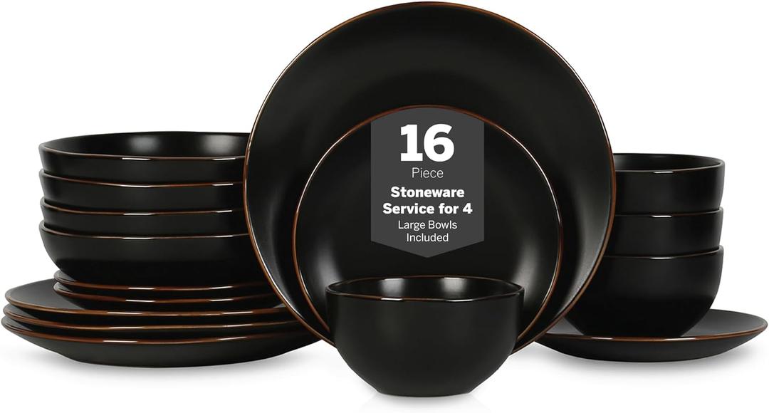 Stone Lain Brasa Stoneware 16 Piece Modern Dinnerware Set, Plates and Bowls, Service for 4, Black, Microwave & Dishwasher Safe