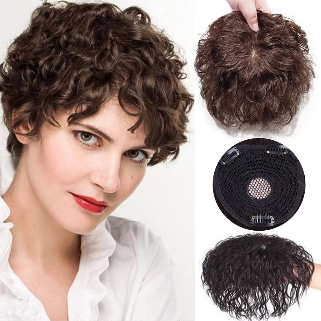 Short Wave Human Hair Toppers 7 Inch Clip in Top Hair Pieces for Women,4.7"x4.7" Silktop Base Remy Human Hair Wiglet Hairpiece for Thinning Hair 2/33# Darkest Brown