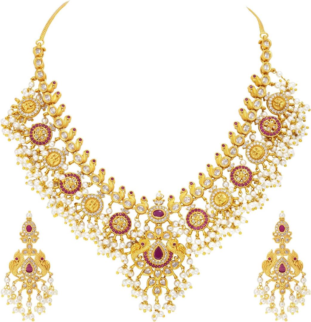 Aheli Beautiful Wedding Wear Indian Laxmi Goddess Faux Stone Studded Floral Design Crafted Necklace Earrings Set Ethnic Fashion Jewelry Gift for Women