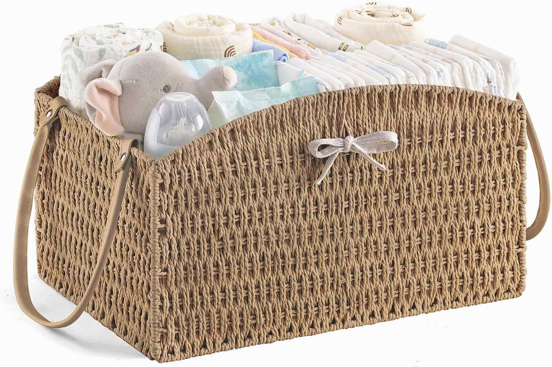 HBlife Diaper Caddy Organizer, Large Hand-Woven Storage Basket for Diapers & Baby Essentials - Elegant Curved Design, Ideal Gift for Baby Shower & Registry Must-Have (Brown)
