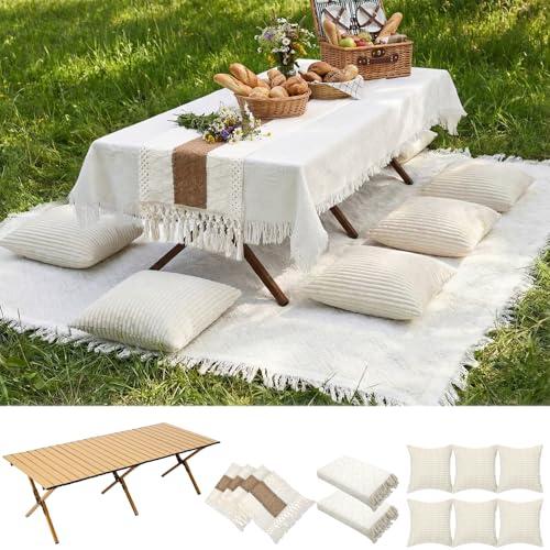 Novabright Picnic Kit Folding Picnic Table Extra Large Outdoor Boho Blanket Beige Table Runner Floor Pillow Covers Woven Cotton Oversize Washable for Camp Wedding (Cream White,Pillow Covers,10 Pcs)