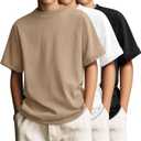 3 Pack Boys' T-Shirts Short Sleeve Crew Neck Kids Shirts Loose Fit Teen Basic Soft Plain Tees, Khaki, White, Black, 14-16 Years
