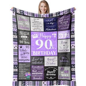 90th Birthday Gifts for Women Soft Purple Blanket 60"X50", Best Gifts for 90 Year Old Woman, Happy 90th Birthday Ideas Party Favors Decorations, 1935 Woman Present Throw