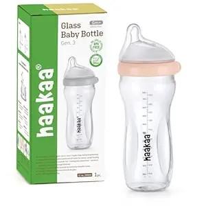 haakaa Gen.3 Natural Glass Baby Bottle 4.2oz/120ml - Wide Neck Anti-Colic Slow Flow Nipple for 0M+ Breastfed Baby, Newborn Registry Essentials,BPA-Free - 1 PK (Peach)