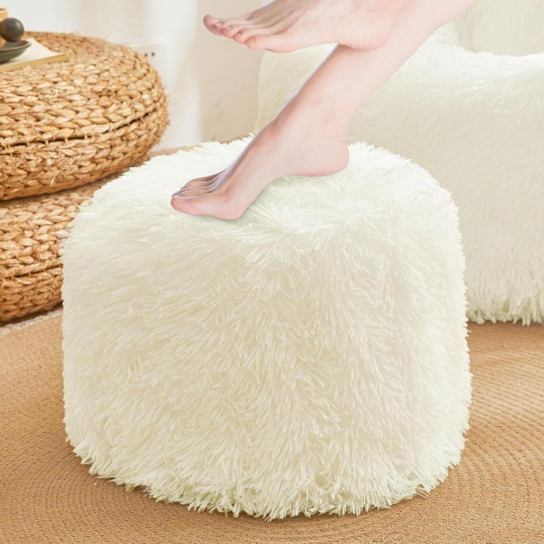 Fuzzy Fluffy Beige bean bag chair covers with Soft Plush Texture – Beige foot rest Design for Stuffed Animal Storage, Cozy Furry bean bag chair cover, (No Filler) 14"x14"x11" for Couch Living Room
