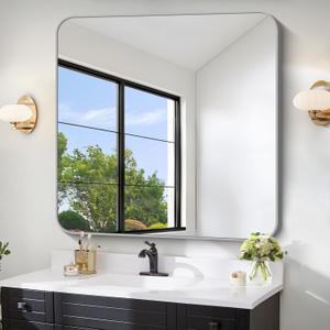 FORBATH 42x42 Inch Silver Bathroom Mirror for Over Sink, Large Square Wall Mirror with Metal Frame, Rounded Corners for Bathroom, Bedroom, Entryway Decor (Horizontal or Vertical)