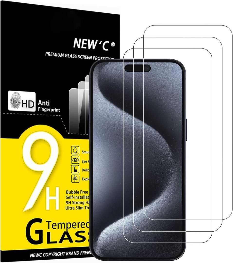 NEW'C 3 Pack Designed for iPhone 16 Plus, iPhone 15 Pro Max, iPhone 15 Plus Screen Protector (6.7 inches), Enhanced Tempered Glass Protection,Case Friendly Ultra Resistant (Transparent)