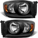 Headlight Assembly Compatible with 2006-2008 Dodge Ram 1500/2007-2009 Dodge Ram 2500 3500 Black Housing Amber Reflector Driver and Passenger Side