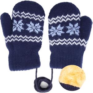 Baby Warm Knit Mittens for Infant Kids Girls Boys 0-2T | Soft Thick Faux Plush Lined, Snowflake Pattern, Elastic Windproof Cuff, Newborn Toddler Fit, 33.5" Neck Lanyard, Cold Weather (Blue)