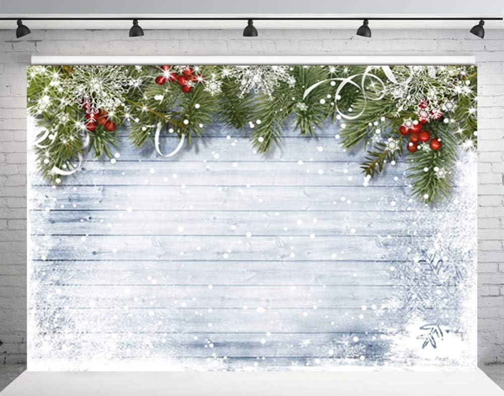 RUINI Winter Christmas Snowflake Wood Floor Photography Backdrop Xmas Eve Snowflake and Pine Branch Wooden Photo Party Decorations Banner 7x5FT