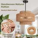 6"-41" Height Adjustable Farmhouse Chandelier Light Fixture, 3-Light Rattan Boho Chandeliers for Dining Room, Hand Woven Pendant Light with Linen Shade, Rustic Hanging Lighting for Kitchen Island