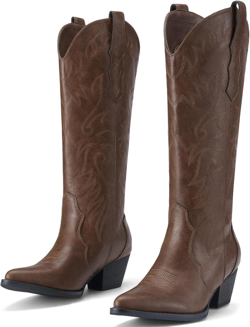 Rollda Cowboy Boots for Women Cowgirl Boots Embroidered Knee-High Western Boots Pointy Toe with Chunky Heel Bronze Size 8.5