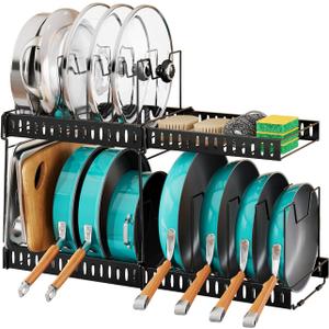 RoleDes Expandable Pots and Pans Organizer Under Cabinet, Adjustable Divider Pot Lid Holder for Kitchen Organization and Storage, Pan Lid Rack Organizer Inside Cabinet for Cookware, Bakeware