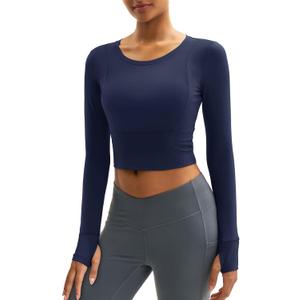 MAGCOMSEN Women's Long Sleeve Crop Workout Tops Slim Fit Yoga Gym Shirts Athletic with Thumb Holes (S)