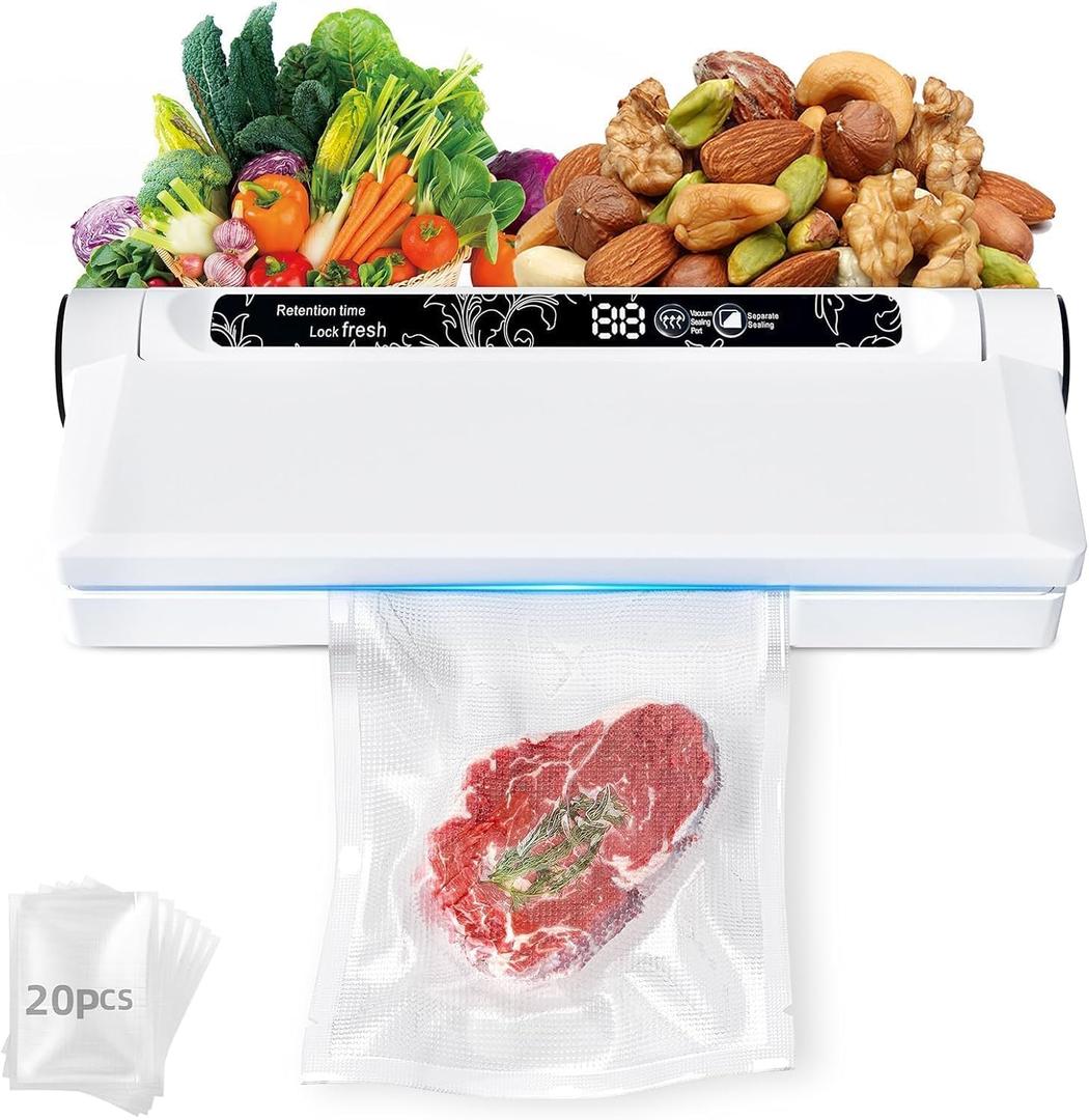 Food Vacuum Sealer Machine, 75KPA Strong Suction, Dry/Wet Modes, 20 Vacuum Seal Bags for Food, Digital Countdown Timer, Compact Lightweight, Ideal for Home Kitchen Use