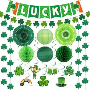 St. Patricks Day 20ct Party Decorations Supplies Kits, Green Shamrock Garland Banner with Hanging Swirls Paper Fans Lantern