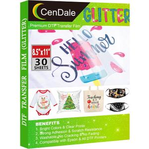 CenDale Glitter DTF Transfer Film - 8.5"x11" 30 Sheets Colorful Glitter DTF Film for Sublimation Hack, Direct to Film Printing on Light & Dark T-Shirts Textile, Hot & Cold Peel DTF Paper
