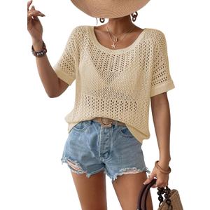Bsubseach Crochet Tops for Women Short Sleeve Cover Ups for Swimwear Women Knit Hollow Out Sweater Mesh Top 2026, Large