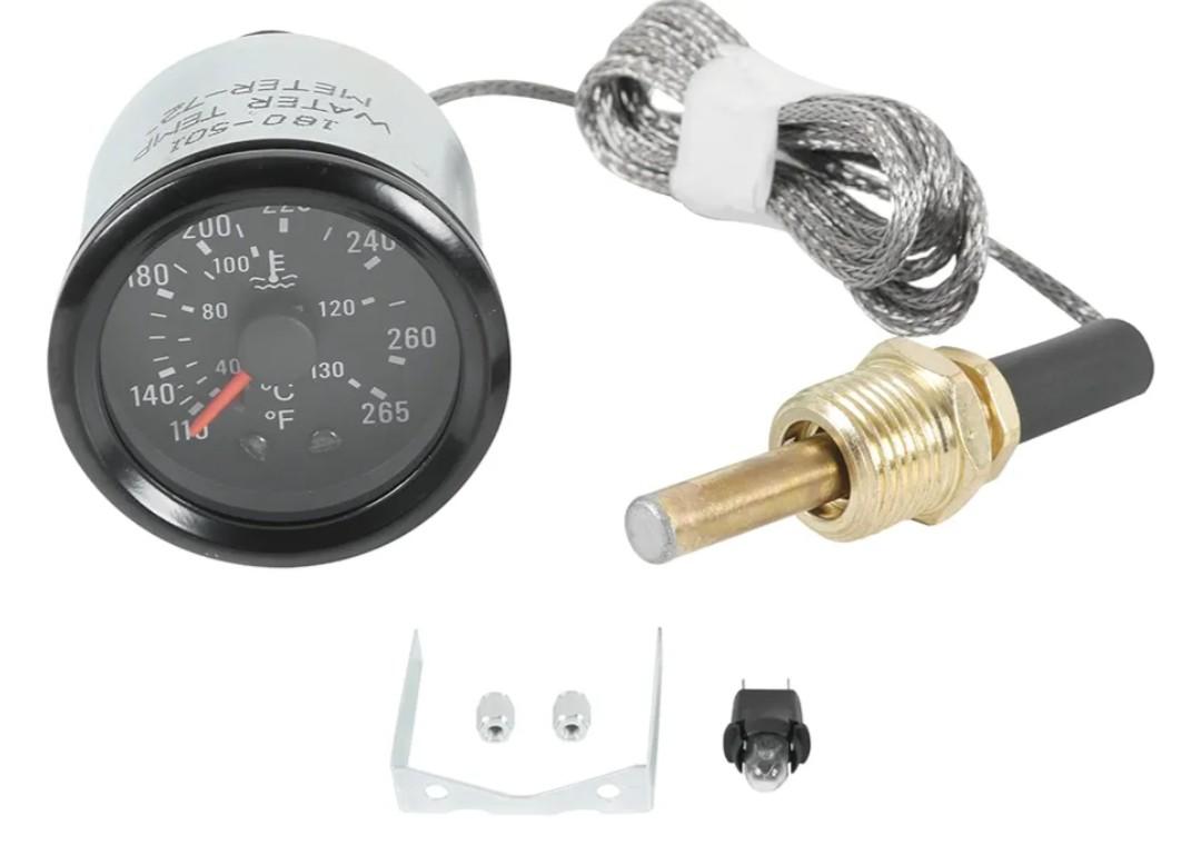 JDMSPEED 2" 52mm Water Temperature Gauge 40-130℃,110-265℉ Water Temp Thermometer Meter Kit DC12V with Sensor NPT 1/2, 1.8m Wire Length