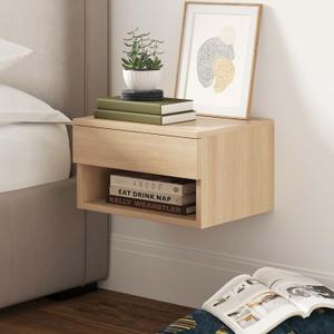Nathan James Jackson Wall Mounted Floating Bedroom Nightstand with Storage Drawer and Modern Open Shelf Cubby, Light Oak Wood Nathan James Jackson Wall Mounted Floating Bedroom Nightstand with Storage Drawer and Modern Open Shelf Cubby, Light Oak Wood