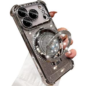 Glitter Kickstand Case for iPhone 17 Pro,Cute Luxury Bling Sparkle Case with Camera Lens Protector Liquid Flowing Ring Stand Soft TPU Shockproof Women Girl Cover for iPhone 17 Pro 6.3",Silver