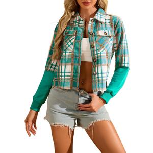 Flannels for Women Cropped Shacket Jacket Fashion Plaid Button Down Shirt 2026 Fall Coat Tops (XX-Large, Green)
