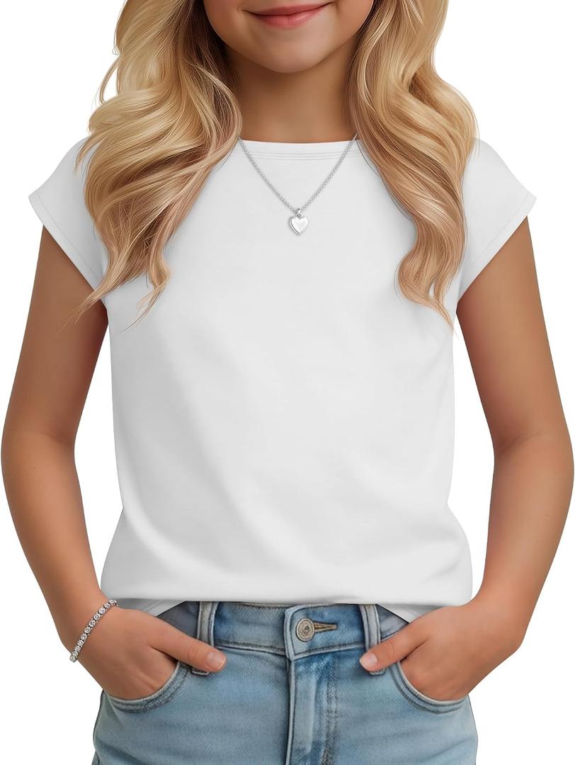 Oakgarden Girls Boat Neck Cap Sleeve Tops | Dressy Shirts, Short Sleeve Tees, Loose Fit Summer Casual T-shirts, Back to School Clothes 5-14 Years, Solid Color Outfits